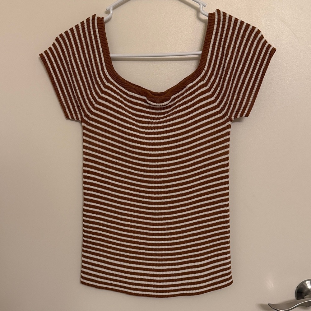 Striped Light Brown and White Madewell Ribbed Top